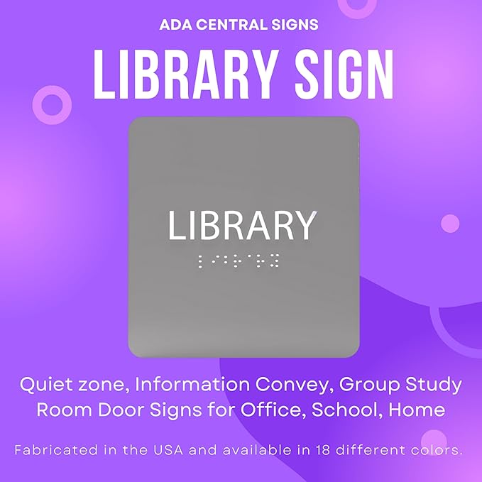 6" X6" Library Sign - ADA Compliant Tactile Graphics Grade 2 Braille Text Acrylic Wall Sign - Quiet zone, Information Convey, Group Study Room Door Signs for Office, School, Home