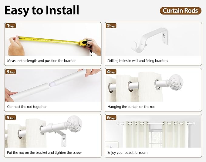 TONIAL White Curtain Rod 32 to 120 Inches, 7/8 Adjustable Curtain Rods for Windows 20 to 116 Inches, Splicing Drapery Rods Heavy duty with Netted Texture Finials