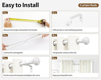 TONIAL White Curtain Rod 32 to 120 Inches, 7/8 Adjustable Curtain Rods for Windows 20 to 116 Inches, Splicing Drapery Rods Heavy duty with Netted Texture Finials