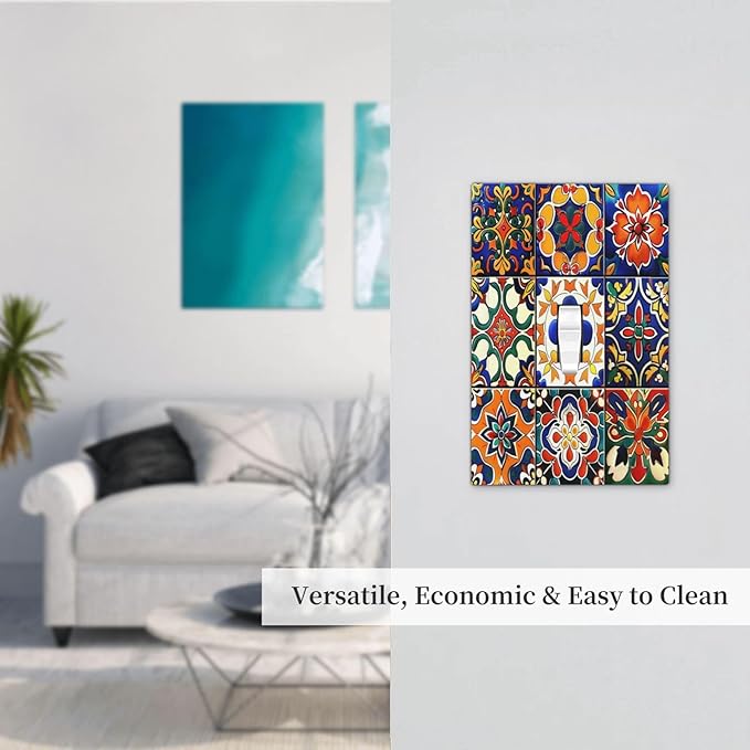 Decorative Light Switch Cover Colorful Mexican Talavera Vintage Boho Floral 1 Gang Single Toggle Device Electrical Faceplate Switchplates Decorator Outlet Wall Plate For Farmhouse