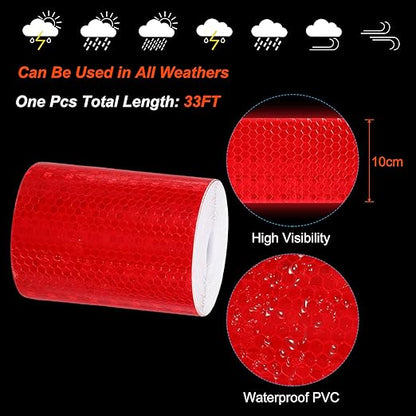 PATIKIL 4 Inch x 33 ft Reflective Tape, 1 Roll Waterproof Self Adhesive High Visibility Caution Warning Safety Tape Reflector with Scraper for Trucks Trailers Cars, Red
