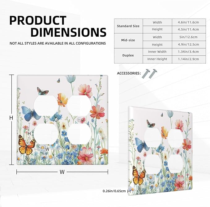 Decorative Outlet Covers Rustic Wildflower Blue Pink Floral Butterfly 2 Gang Light Switch Cover Plate Double Duplex Wall Plates for Electrical Outlets Switch Plate Covers for Home Decor