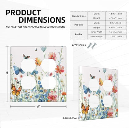 Decorative Outlet Covers Rustic Wildflower Blue Pink Floral Butterfly 2 Gang Light Switch Cover Plate Double Duplex Wall Plates for Electrical Outlets Switch Plate Covers for Home Decor