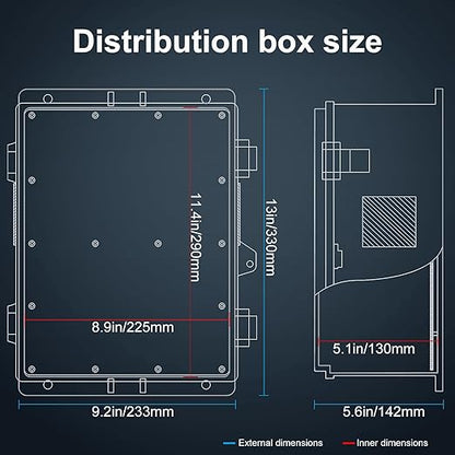 Outdoor Electrical Junction Box, ABS Water Resistant Enclosure with Internal Mounting Panel & Hinged Cover (13" H* 9.2" L* 4.6" W & Outlet)