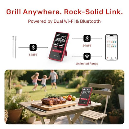 X Pro Wireless Meat Thermometer with Dual Wi-Fi & Bluetooth, Digital Meat Thermometer with 2 Probes & LED Display Base, 6 Built-in Sensors, IP69 Waterproof, for Grills, Ovens, Smokers & BBQs