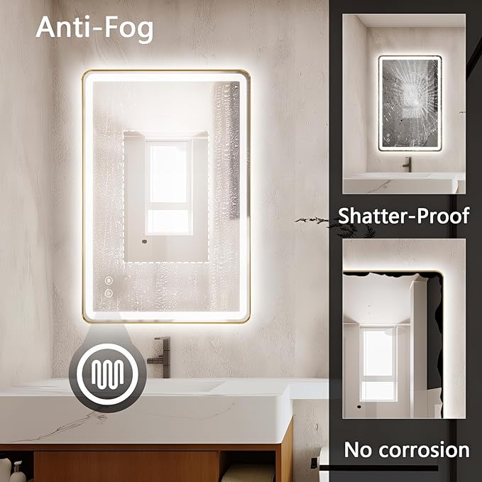 Rectangle LED Bathroom Mirror, 48"x30" Anti-Fog Double Touch Lighted Wall Vanity Mirror 45° Beveled Metal Frame Stepless Adjustable Color Temperature Smart Mirror 3000K-6000K, Gold