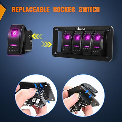 Nilight 5 Gang Rocker Switch Panel with Purple LED Light 5 Pin On Off Pre-Wired Aluminum Toggle Switches Waterproof for 12V/24V Cars Marine Boats ATVs Trailers RV Trucks