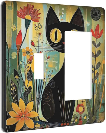 Funny Cat Retro Abstract Flowers Kitten Outlet Covers 1 Toggle 1 Rocker Combination Decorative Wall Plate Electrical Switch Plates Light Switch Cover Plate For Kids Room Bed Room Decor