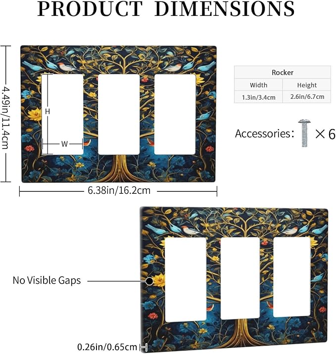 Gold Tree With Birds Flowers on Branches 3 Gang Rocker Triple Outlet Wall Plate Decorative Switchplate Cover Faceplate GFCI Light Switch Covers for Farmhouse Living Decor