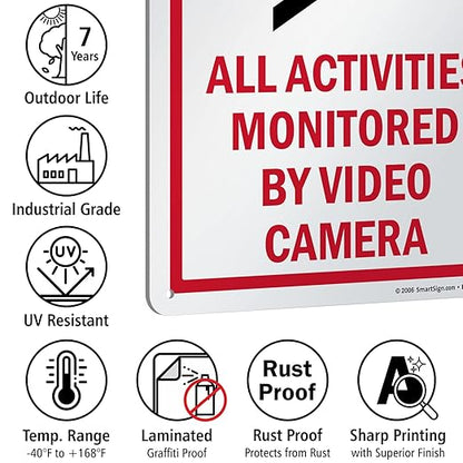 SmartSign 14 x 10 inch “Notice - All Activities Monitored By Video Camera” Metal Sign, 40 mil Laminated Rustproof Aluminum, Red, Black and White, Made in USA