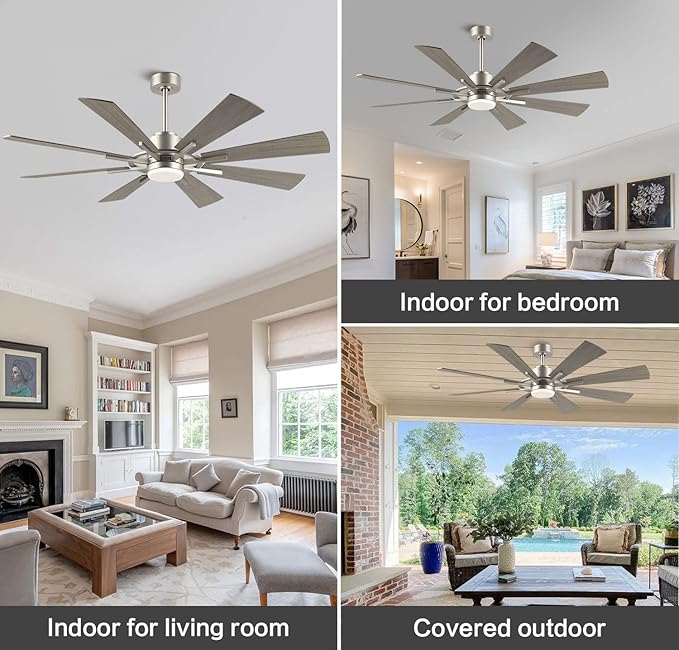 WINGBO 72" DC Ceiling Fan with Lights, Brushed Nickel and Gray Ceiling Fan with 3 Downrods, 8 Plywood Blades, 6-Speed Reversible DC Motor, Modern Ceiling Fans Indoor for Kitchen Bedroom Living Room