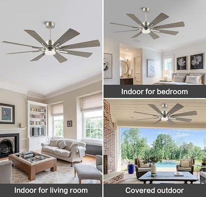 WINGBO 72" DC Ceiling Fan with Lights, Brushed Nickel and Gray Ceiling Fan with 3 Downrods, 8 Plywood Blades, 6-Speed Reversible DC Motor, Modern Ceiling Fans Indoor for Kitchen Bedroom Living Room
