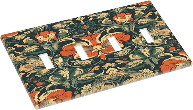 Light Switch Covers William Morris Abstract Floral Plant Pattern Orangeyellowgreen Quad Toggle Electrical Faceplate 4 Gang Wall Plate Decorative Switch Plates for Bedroom living Room Decor