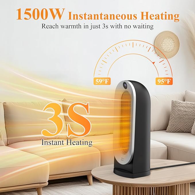 Minthouz Space Heater, 1500W Electric Portable Heaters for Indoor Use with Thermostat, Fast Heating, 70° Oscillating, 3 Heat Settings, Carry Handle, 12H Timer Ceramic Heat for Office, Bedroom, Home