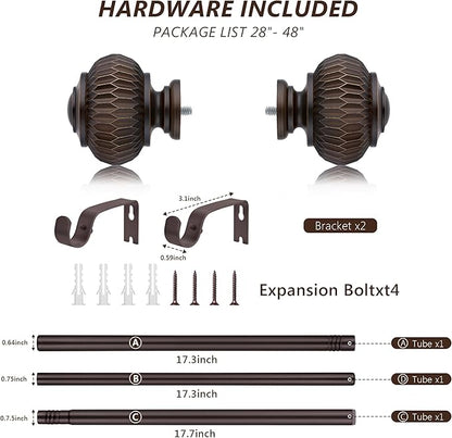 Bronze Curtain Rods for Windows 28 to 48 Inches, 6/8 Inch Adjustable Heavy Duty, Lantern Ball Finials, Window Treatment Single Rod Set