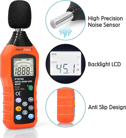 Protmex PT6708 Sound Level Meter, Digital Decibel Reader Measurement, Range 30-130 dB, Accuracy 1.5dB Noise Meter with Large LCD Screen Display, Fast and Slow Selection (Batteries Include)