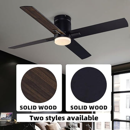 52 Inch Flush Mount Low Profile Ceiling Fan with Light and Remote Control, Reversible 4 Dual Finish Wood Blades, Indoor/Outdoor Ceiling Fan for Patio, Living Room, Bedroom