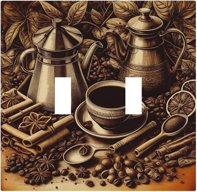 Decorative Light Switch Cover Plate Vintage Coffee Beans Leaf Cup 2 Gang Wall Plate Oversized Double Toggle Two Switch Wall Cover Plate Dual Device Faceplate