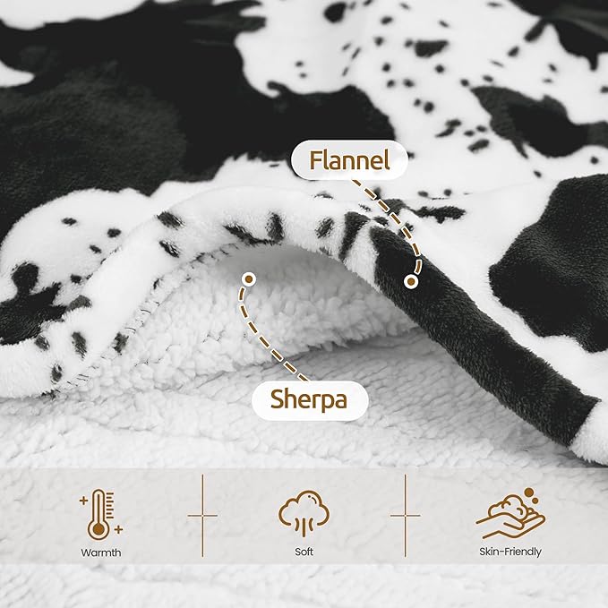 Black Cow Print Heated Throw Blanket 50"x60", Electric Blanket with 6 Heat Settings & 1-12H Timer, Cozy Soft Flannel Sherpa, Machine Washable, Warm Gift for Women