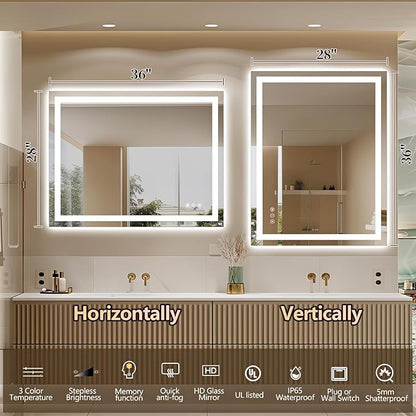 Niccy 36" x 28" LED Bathroom Mirror with Lights, Backlit and Front Lit, Lighted Vanity Mirror for Wall with 3 Colors, Anti-Fog, Shatter-Proof, Memory for Bedroom, Horizontal/Vertical