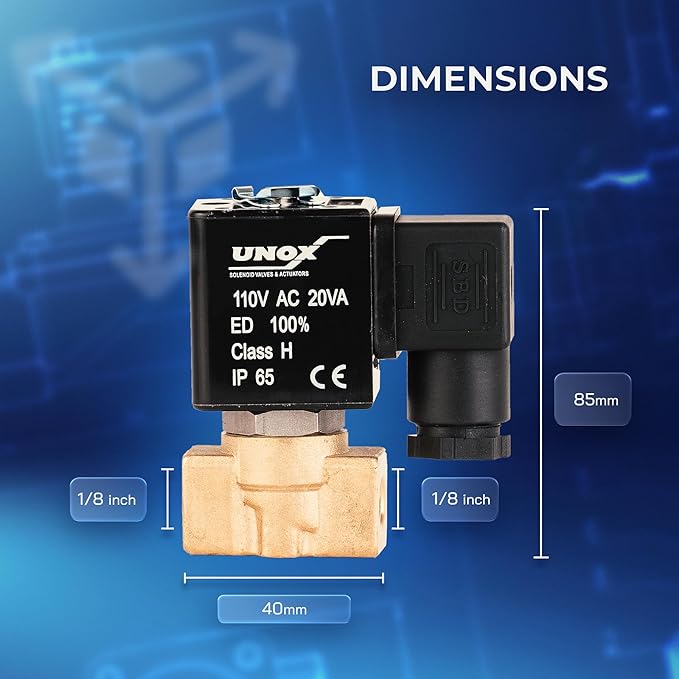 UNOX 1/8" NPT Solenoid Valve 110V AC, Brass Control Valve Normally Closed - 0-232 PSI Multi-Purpose Reliable Control Valve for Water, Air, and Gas - Solenoid Valves