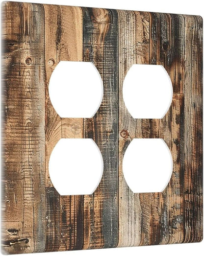 Outlet Covers Rustic Brown Wood Pattern Splice Plank 2 Gang Double Duplex Decorative Light Switch Covers Electrical Wallplates Socket Faceplate For Farmhouse Cabin Decor