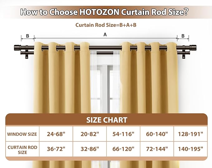 Double Curtain Rod 32 to 86 Inch, HOTOZON 1 Inch Heavy Duty Double Curtain Rods for Windows 20 to 82 Inches(1.7-6.8 ft), Telescoping Drapery Rod with Simple End Finials, Bronze