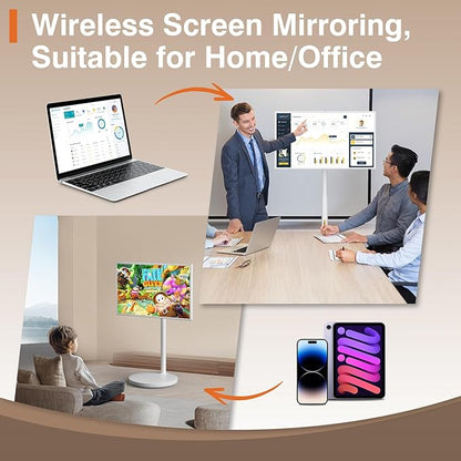 32-Inch Portable Smart Tablet, Portable TV on Wheels with 4K Camera, 8G RAM+128G Storage, Android 13 OS, Built-in Battery(Up to 8H), Full Swivel Rotation, Voice Remote Control(White)