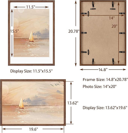 Fun Memories 14x20 Picture Frame, Solid Oak Wooden 14"x20" Photo Frame for Wall, 14 x 20 Frame Matted to 12 x 16, Tempered Real Glass, 14 x 20 Collage Gallery Frames (Walnut Color, 1 Pack)