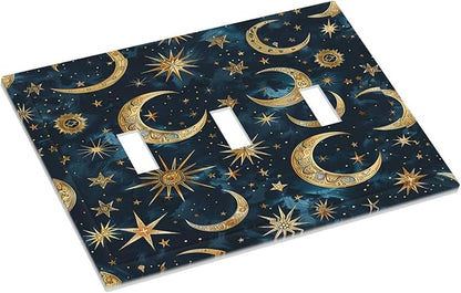 Decorative Switch Plates Modern Abstract Sky Blue Gold Moon Sun Star 3 Gang Wall Plate Triple Toggle Light Switch Cover Faceplate Electrical Wall Panels for Bedroom Kids room Decor