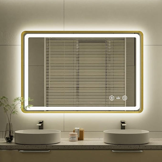 24x36 Inch Gold Framed LED Bathroom Mirror, Smart Bathroom Mirror with Motion Sensor Lights, Anti Fog, Stepless Dimmable & 3 Colors Temperature Adjustment, LED Vanity Mirror for Wall