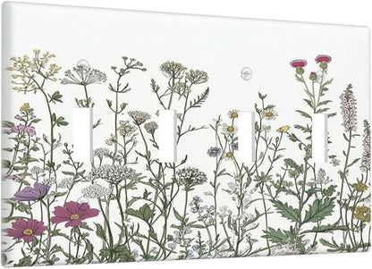 Vintage Herbs Wildflowers Plant Floral Light Switch Covers Quad Toggle Electrical Faceplate 4 Gang Wall Plate Decorative Switch Plates For Bed Room Home Decor