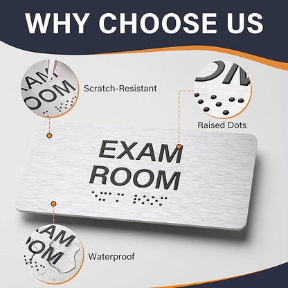 Exam Room Signs with Raised Text & Grade 2 Braille –,Easy Installation with Adhesive Pad – Brushed Aluminum/Silver Finish Easy Install with Double-Sided Tape