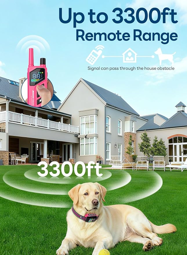 Dog Shock Collar - 3300FT Dog Training Collar with Remote, IPX7 Waterproof Electric Dog Collar with 4 Training Modes, Security Lock, Rechargeable E-Collar for Small Medium Large Dogs (Hot Pink)
