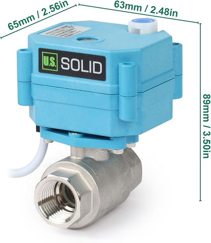 U.S. Solid Motorized Ball Valve - IP67 1/2inch Stainless Steel Ball Valve 110-230V with Waterproof Cover, Full Port, 2 Wire Auto Return, Normally Closed