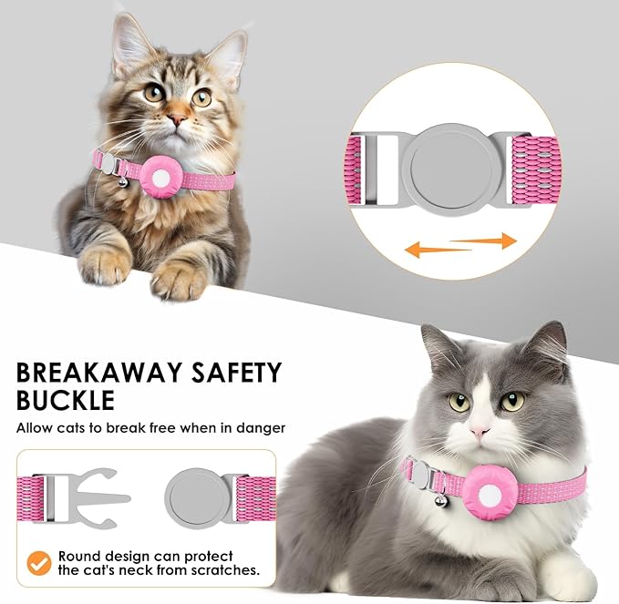 Cat Tracker, Waterproof Pet Tracker for Cats, Cat Tracker Collar with Safety Elastic Buckle,GPS Tracker Compatible with Apple Find My App (Only iOS), No Monthly Fee, Pink