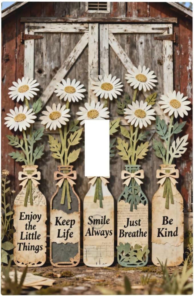 Rustic Daisy Barn Door Flowers 1 Gang Single Toggle Decorative Light Switch Covers Electrical Faceplate Switch Plates for Bathroom Kitchen Home