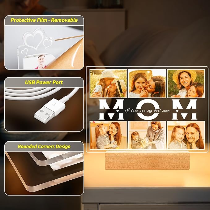 Personalized Gifts for Mom from Daughter Son, Custom Picture Frames with Photo, Customized Photo Frame with Night Light, Personalized Birthday Gifts for Mom