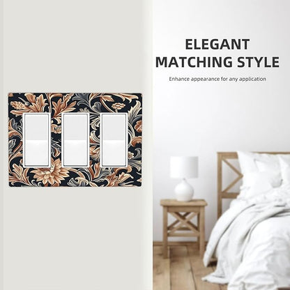 Light Switch Covers Vintage Grey Plant Leaves Brown Flowers 3 Gang Rocker Electrical GFCI Decorative Triple Outlet Wall Plate Cover Switchplate for Bedroom Home Decor