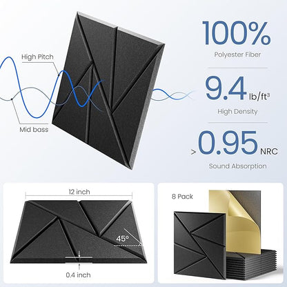 8 Pack Acoustic Panels with Self-Adhesive, 12"X 12"X 0.4"Sound Proof Foam Panels, Sound Panels High Density, Soundproof Wall Panels for Home Studio Office-Black
