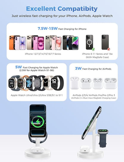2025 3 in 1 Wireless Charging Station Compatible with MagSafe, 15W Fast Magnetic Mag-Safe Charger Stand for Apple iPhone 17 16 15 14 13 12 Series iWatch AirPods Pro 4 3 2, White