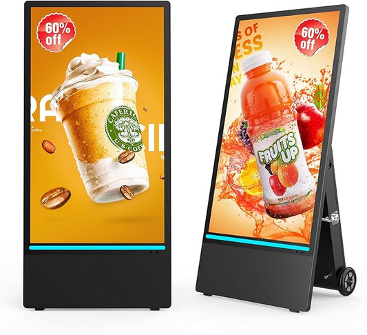 43 Inch Outdoor Digital Signage Displays, Rechargeable Digital LCD Kiosks, Moveable Commercial Totem, IP65 Waterproof, Auto Adjustment 2000nits High Brightness Screen, High Capacity Battery for Restaurant/Bar/Food Truck/Store