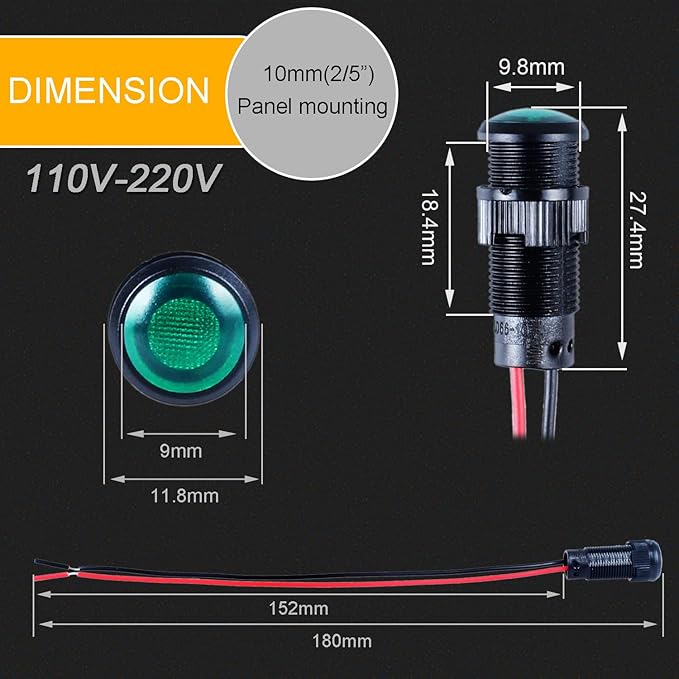 5pcs 10mm LED Indicator Light Plastic Black Signal Dot Lamp 110-220VAC 2/5" Mounting Hole Size with 15cm/5.9in. Wire (Green LED)