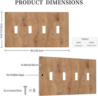Light Switch Covers Vintage Rustic Wood Color Brown Wood Grain Quad Toggle 4 Gang Wall Plate Electrical Faceplate Decorative Switch Plates for Farmhouse Cabin Decor