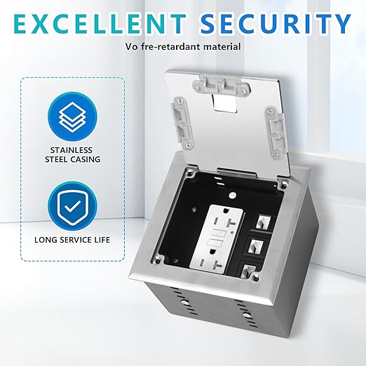 KYHSHJ Recessed Flat Hidden Socket Kit with 2 * 20 Amp Stainless Steel GFCI Tamper Receptacle Outlet+3-Port RJ45 Datacom Receptacle. Internal Height Adjustable，Corrosive Resistant Hardware，Silver