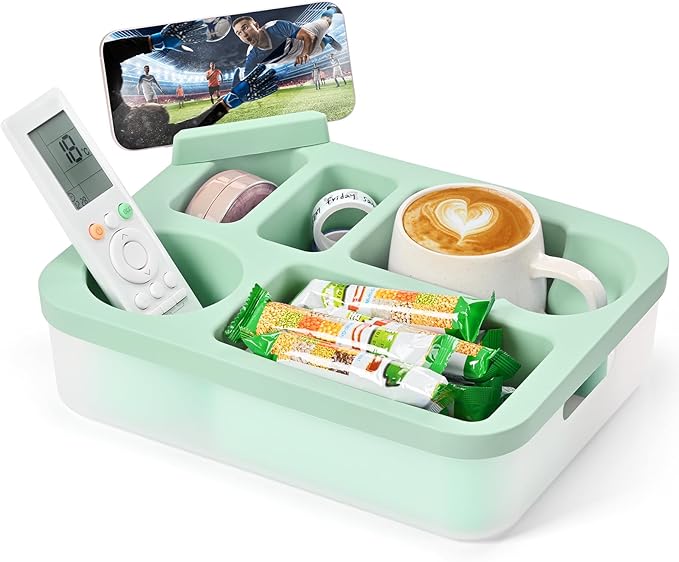 Couch Cup Holder Tray with Rotating Phone Stand & Anti-Spill Design, Silicone Sofa Caddy for Drinks, Remote, Snacks (Green, 11.8"x 9.05")