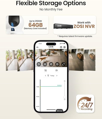 ZOSI 4K Indoor Security Camera, C518 WiFi Pan/Tilt Pet/Dog/Baby Plug-in IP Camera, Auto Tracking, AI Human/Face/Pet Detection, 360° View, Night Vision, 2-Way Audio, 5GHz/2.4GHz WiFi, 64G Memory Card