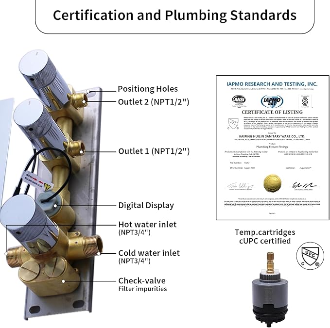 HONGTONGSOWER 2 Way Shower Diverter Valve Brass 2 Functions Digital Temperature Display Thermostatic Shower Mixing Valve Kit 3 Handle Flow Cotrol Valve, Can Run Simultaneously Chrome