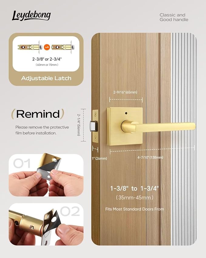 Leydebong 3 Pack Gold Door Handle Heavy Duty, Keyless Door Knob Reversible Square Door Lever for Bedroom, Bathroom and Rooms
