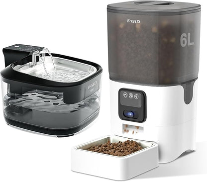 FGID Automatic Cat Feeder and Water Fountain,Cordless or Battery Cat Food Dispenser Timer Pet Feeder Dog Feeders w Camera,Programmable Portion Control, 4 Daily Meals, 10s Voice Recorder